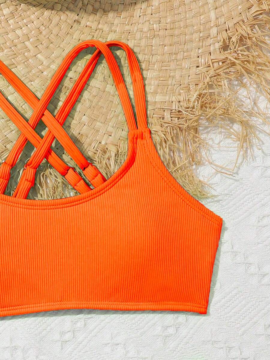 Tween Girls Bikini Sets Orange Summer Modest Activewear Beach Holiday,Knitted Ribbed Two Pieces Swimwear Crisscross Back Tank Top With Briefs Set