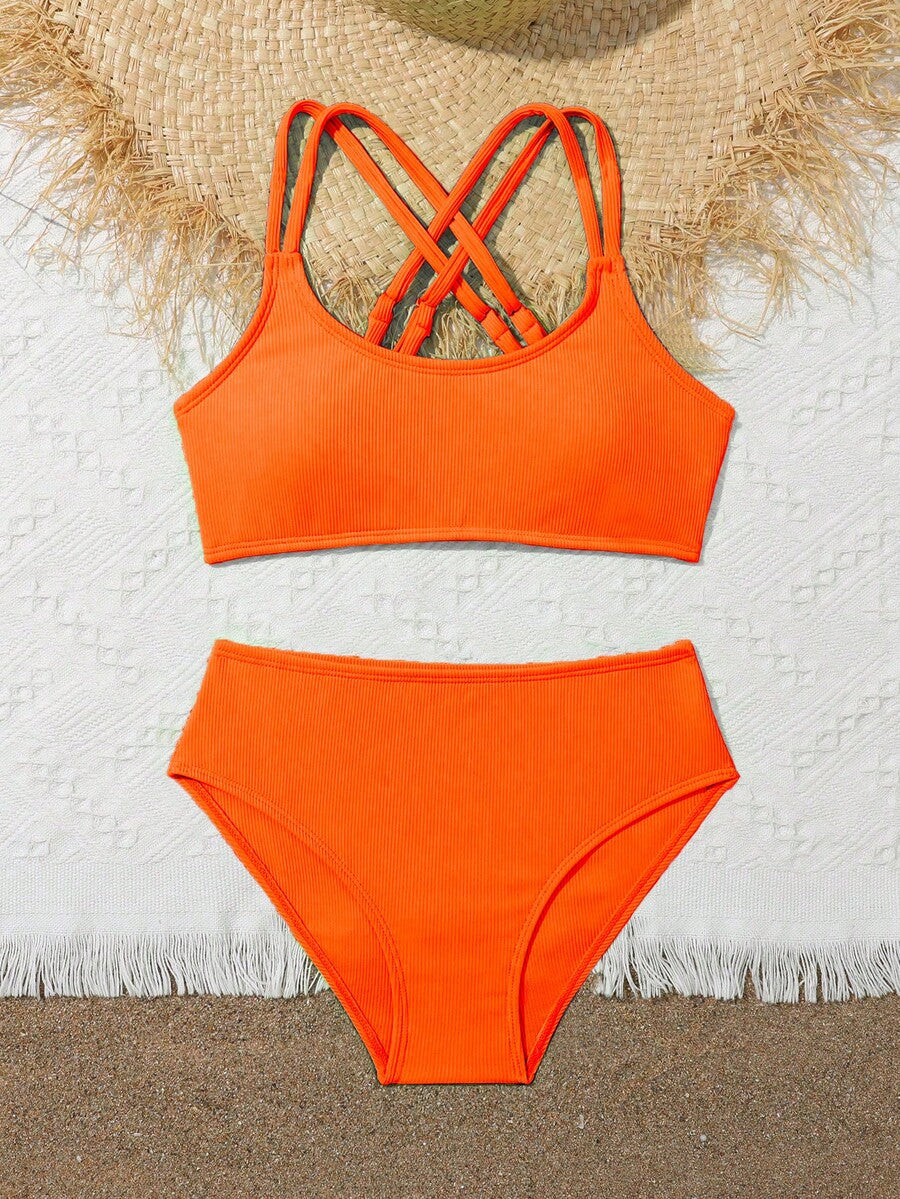 Tween Girls Bikini Sets Orange Summer Modest Activewear Beach Holiday,Knitted Ribbed Two Pieces Swimwear Crisscross Back Tank Top With Briefs Set
