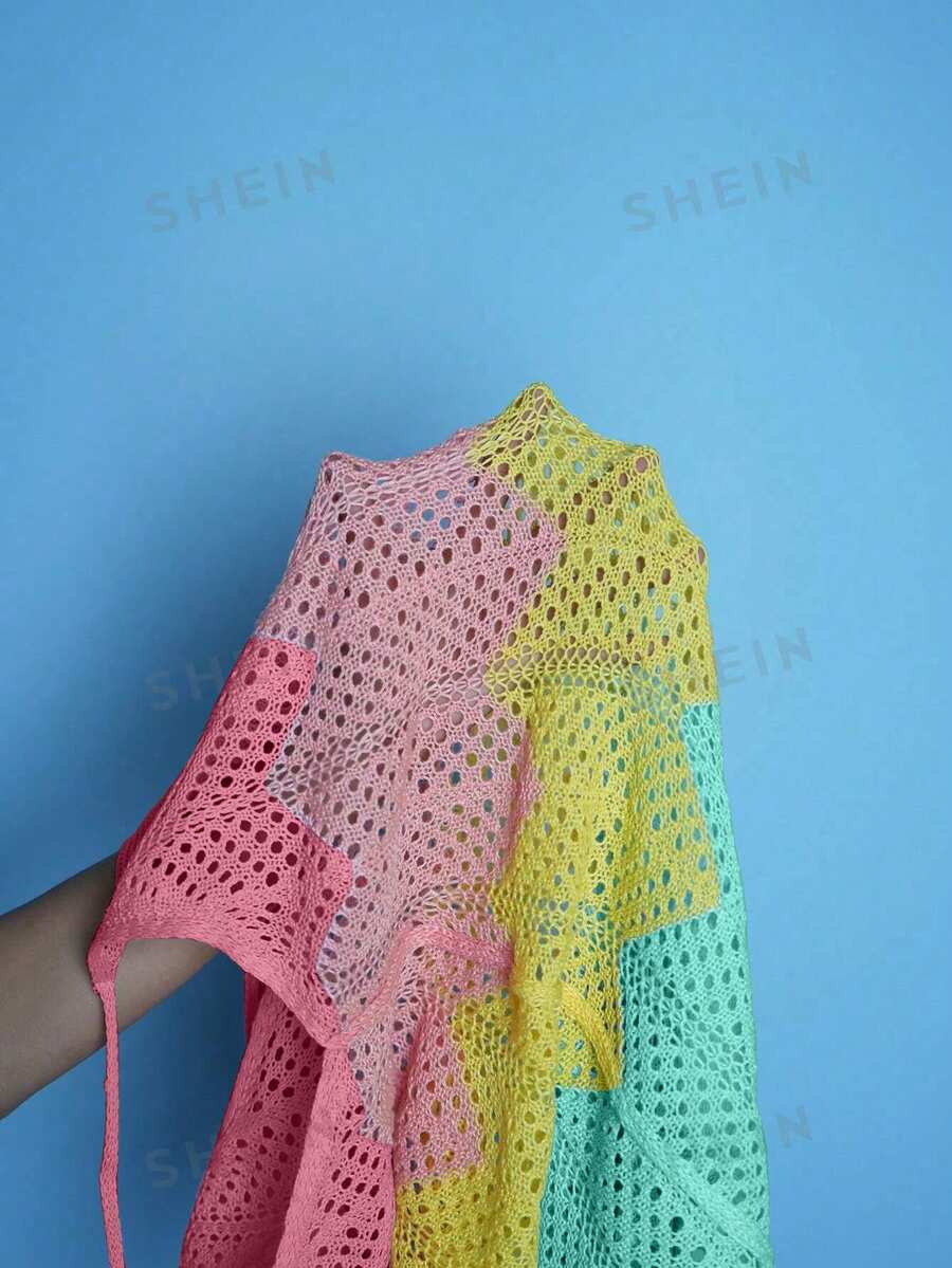 Girls' multicolor rainbow gradient crochet beach cover up with hollow-out knit design, spaghetti straps, sleeveless A-line shape, and semi-sheer finish.