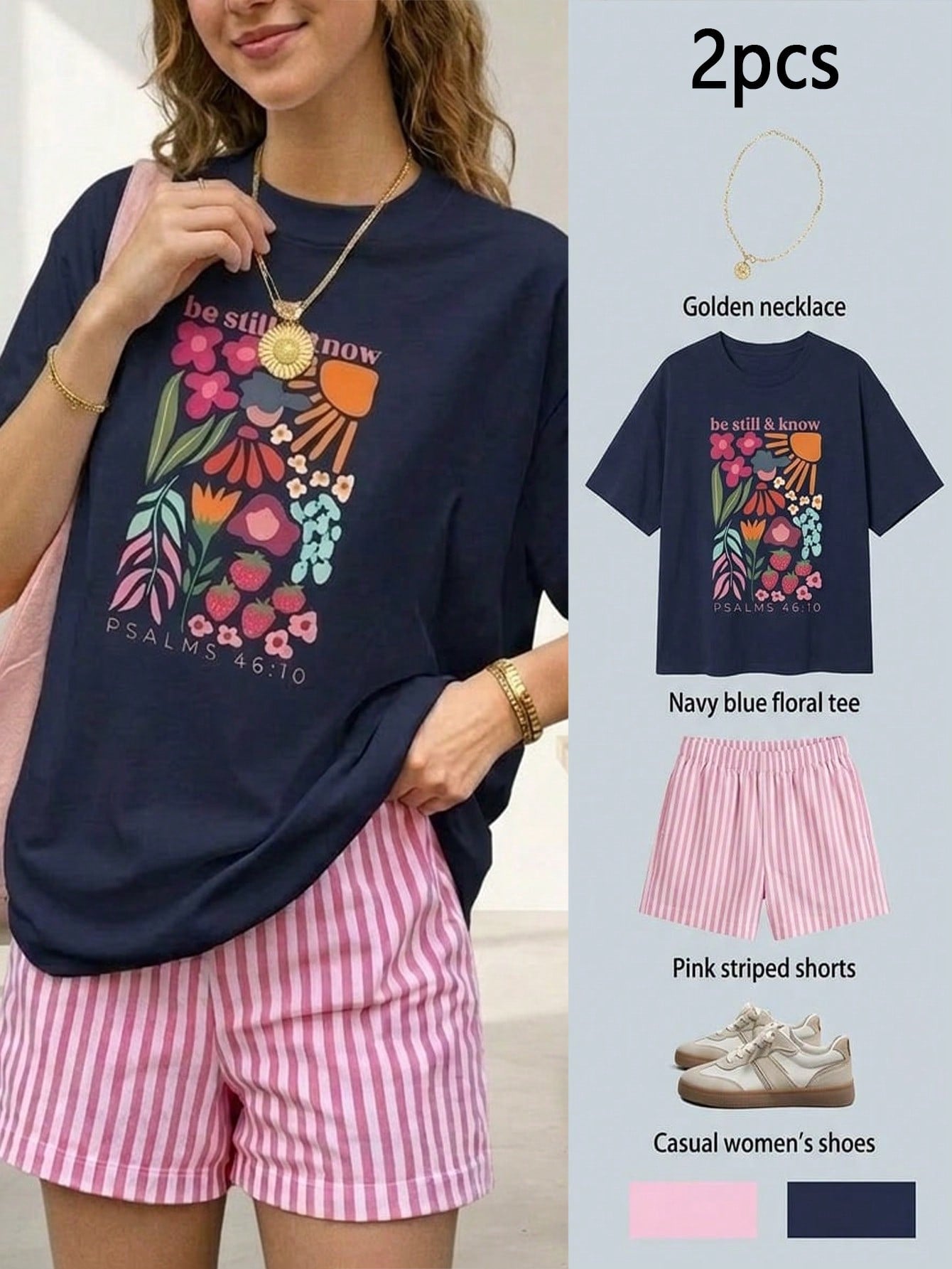 Tween girl wearing a black and white striped drop-shoulder crew neck t-shirt with bow embroidery paired with matching tie-waist shorts.