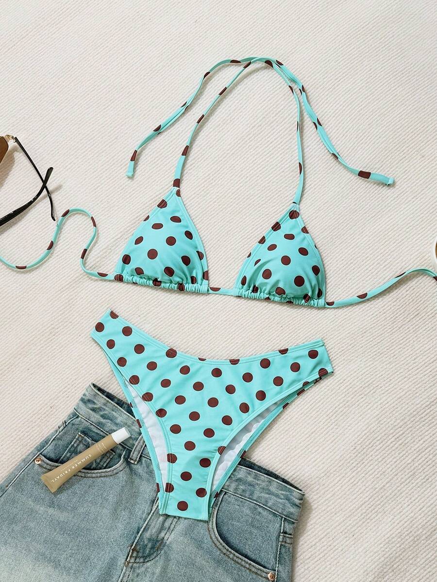 Women's apricot 2-piece halter bikini set featuring a wireless triangle top with tie-back detail and high-waisted high-cut bottoms.