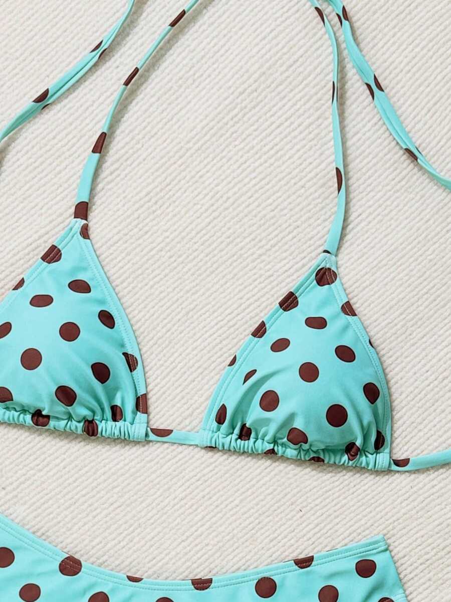 Women's apricot 2-piece halter bikini set featuring a wireless triangle top with tie-back detail and high-waisted high-cut bottoms.