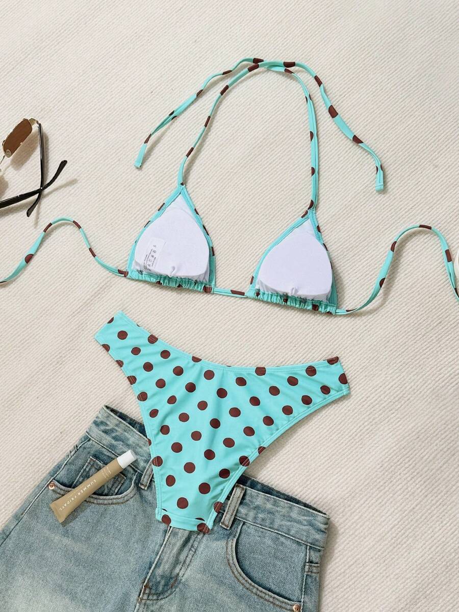 Women's apricot 2-piece halter bikini set featuring a wireless triangle top with tie-back detail and high-waisted high-cut bottoms.