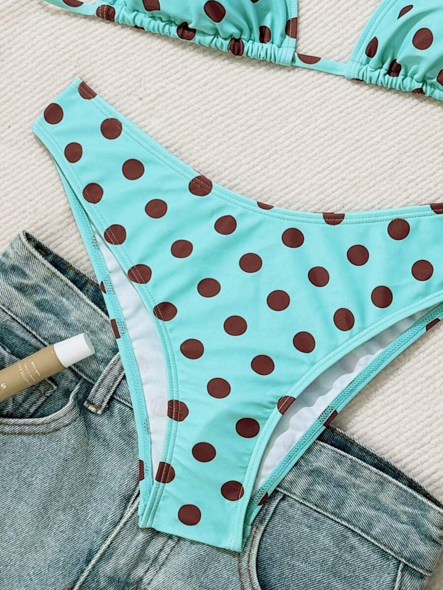 Women's apricot 2-piece halter bikini set featuring a wireless triangle top with tie-back detail and high-waisted high-cut bottoms.