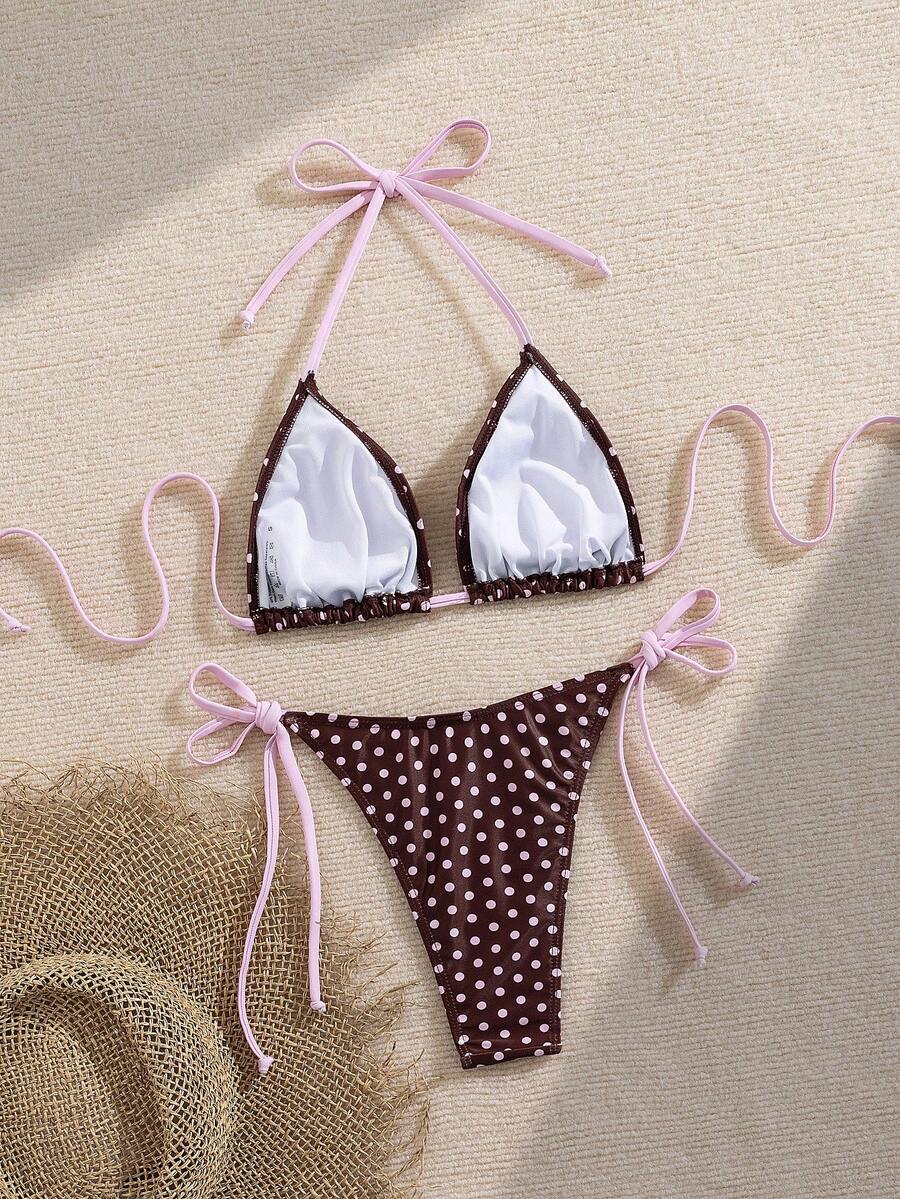 Women's 2-piece halter bikini set featuring geometric print, triangle cups with removable padding, and side tie bikini bottoms