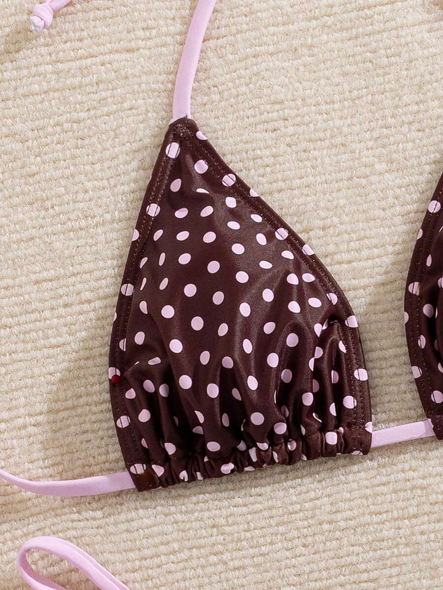 Women's 2-piece halter bikini set featuring geometric print, triangle cups with removable padding, and side tie bikini bottoms