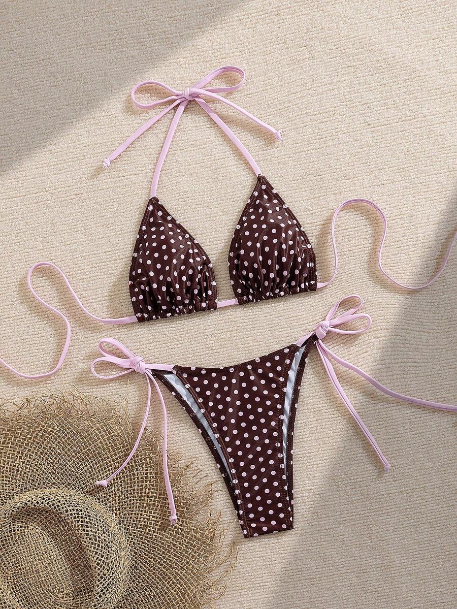 Women's 2-piece halter bikini set featuring geometric print, triangle cups with removable padding, and side tie bikini bottoms