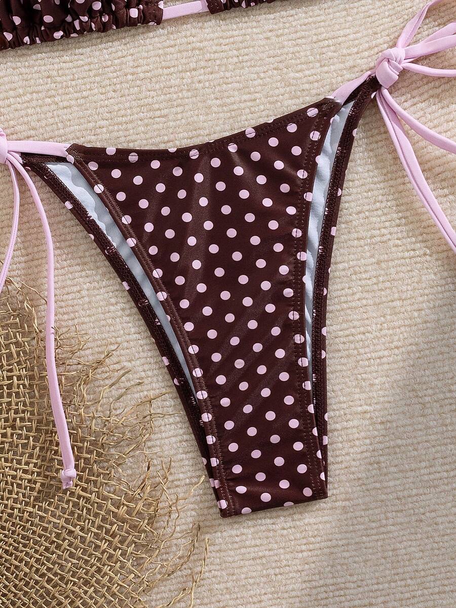 Women's 2-piece halter bikini set featuring geometric print, triangle cups with removable padding, and side tie bikini bottoms