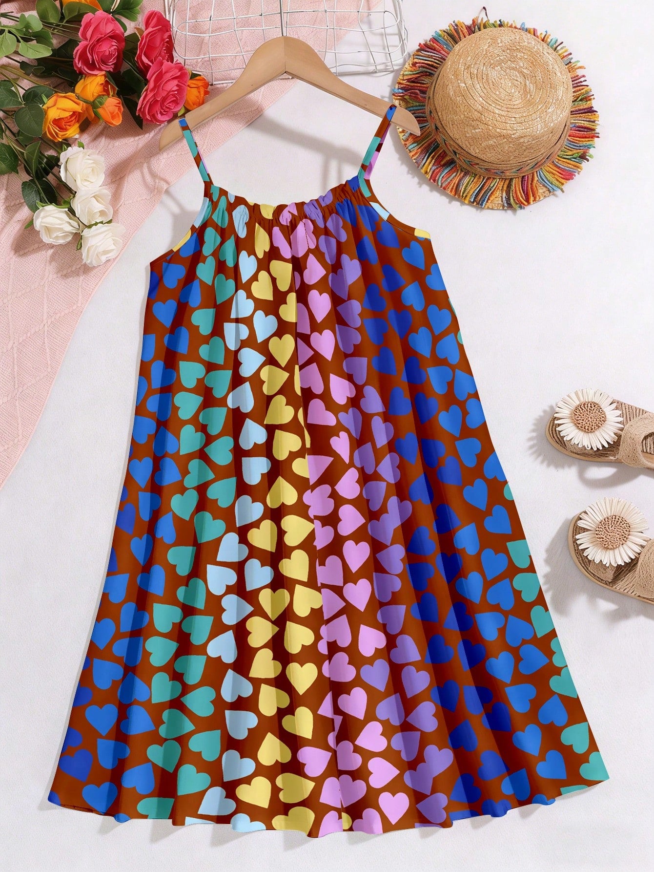 Multicolor geometric print cami midi dress for tween girls featuring spaghetti straps and a flared hem.