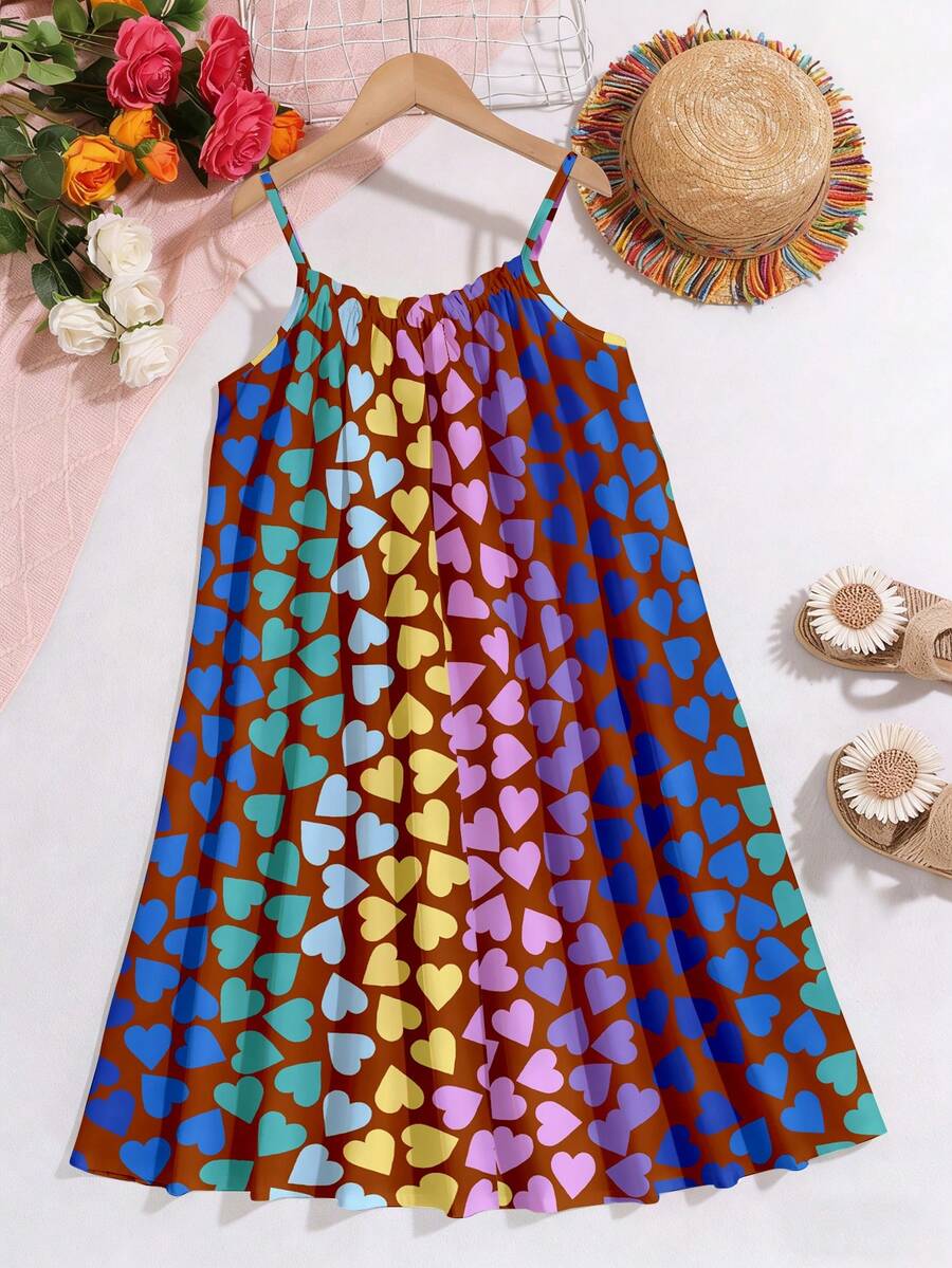 Multicolor geometric print cami midi dress for tween girls featuring spaghetti straps and a flared hem.