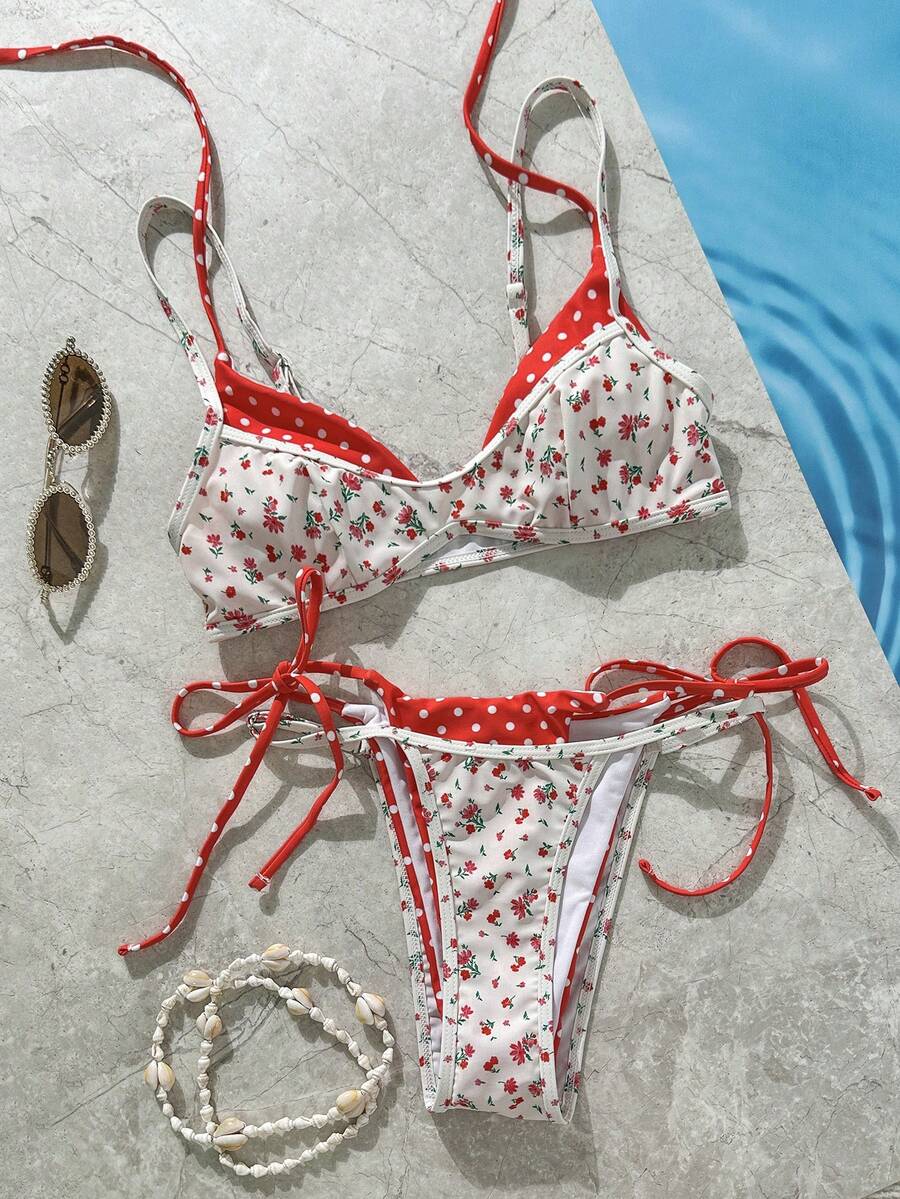 Women's retro polka dot high waist bikini swimsuit set with spaghetti straps and knot tie-back top.
