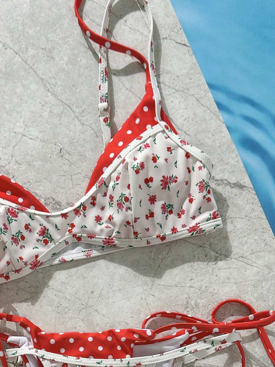 Women's retro polka dot high waist bikini swimsuit set with spaghetti straps and knot tie-back top.
