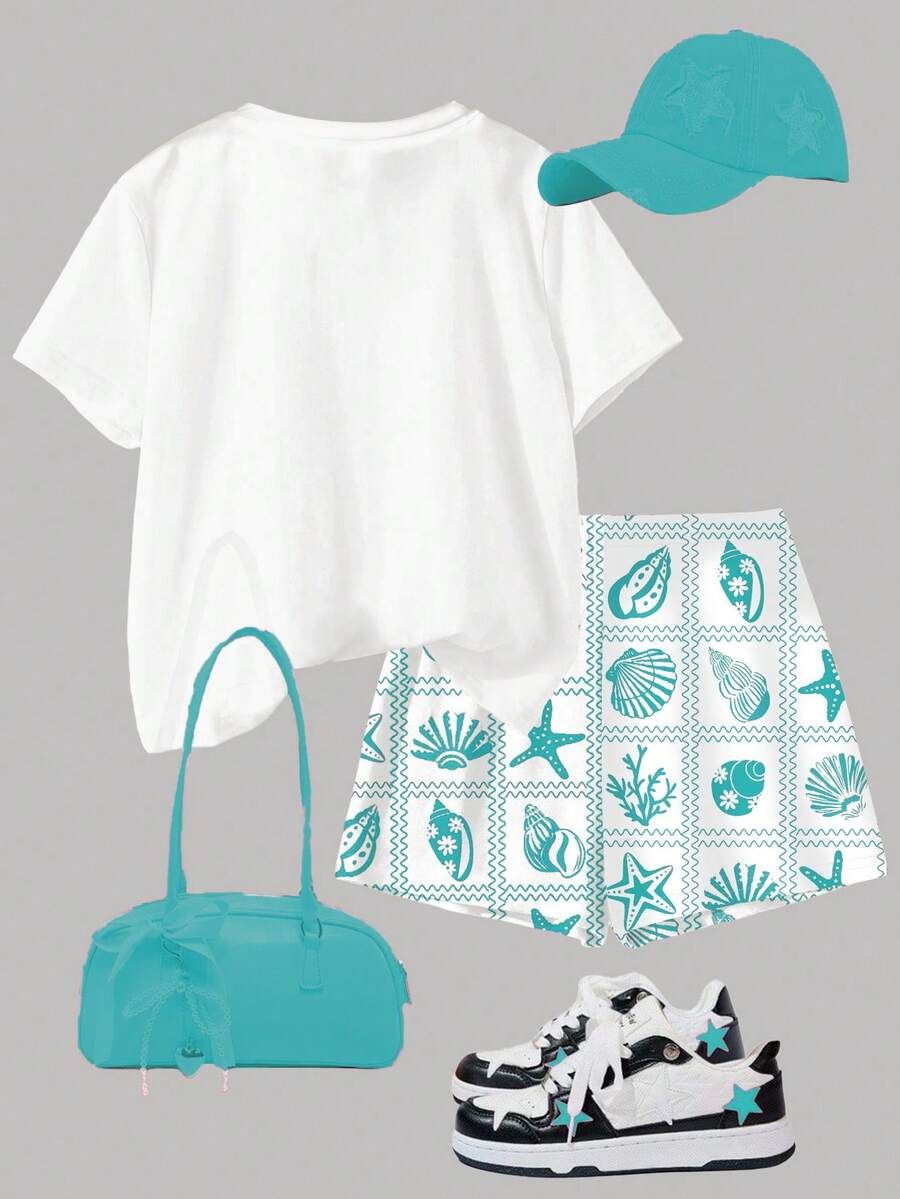 Tween girls 2-piece summer casual outfit featuring a multicolor seashell print short sleeve T-shirt with drop shoulders and matching loose fit shorts with pockets.