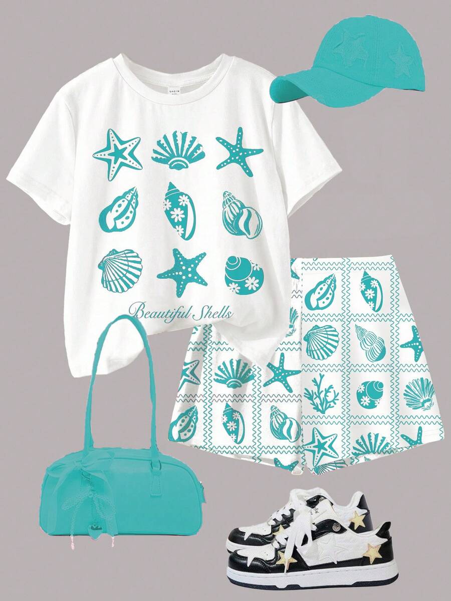 Tween girls 2-piece summer casual outfit featuring a multicolor seashell print short sleeve T-shirt with drop shoulders and matching loose fit shorts with pockets.