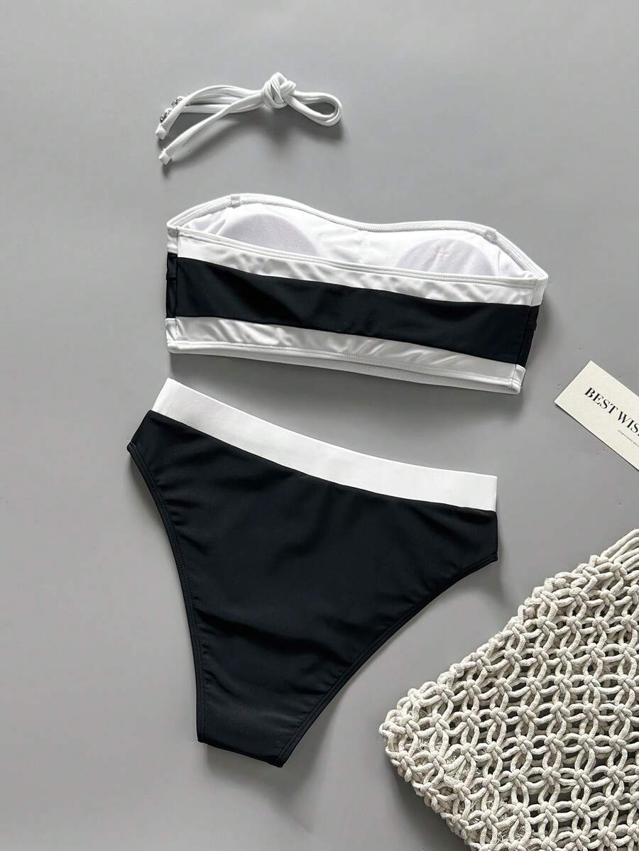 Women's bandeau bikini swimwear set featuring detachable shoulder straps, removable padding, wireless cups, and low-waist bottoms.