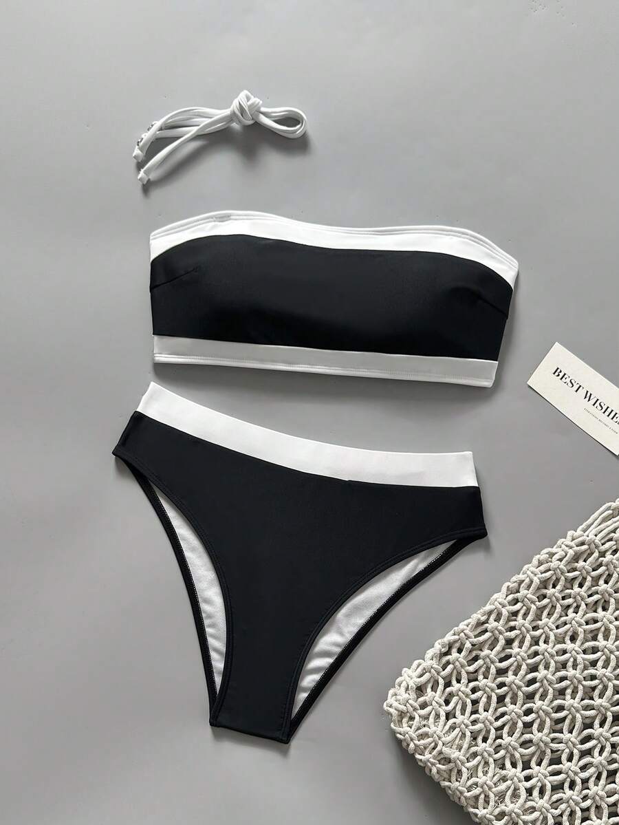 Women's bandeau bikini swimwear set featuring detachable shoulder straps, removable padding, wireless cups, and low-waist bottoms.