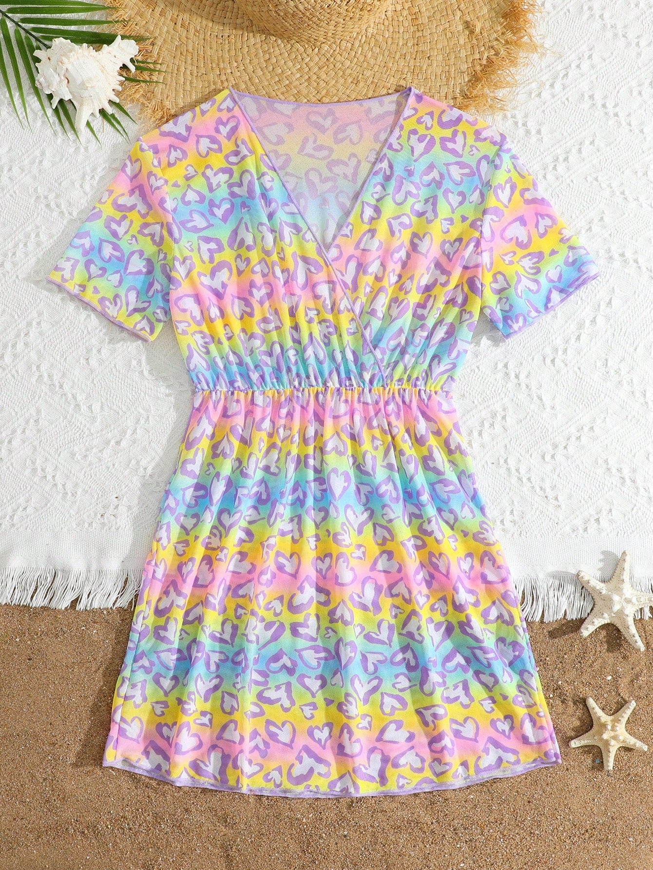 Multicolor heart print long cover up dress for tween girls featuring a V-neck criss-cross wrap front and short sleeves.