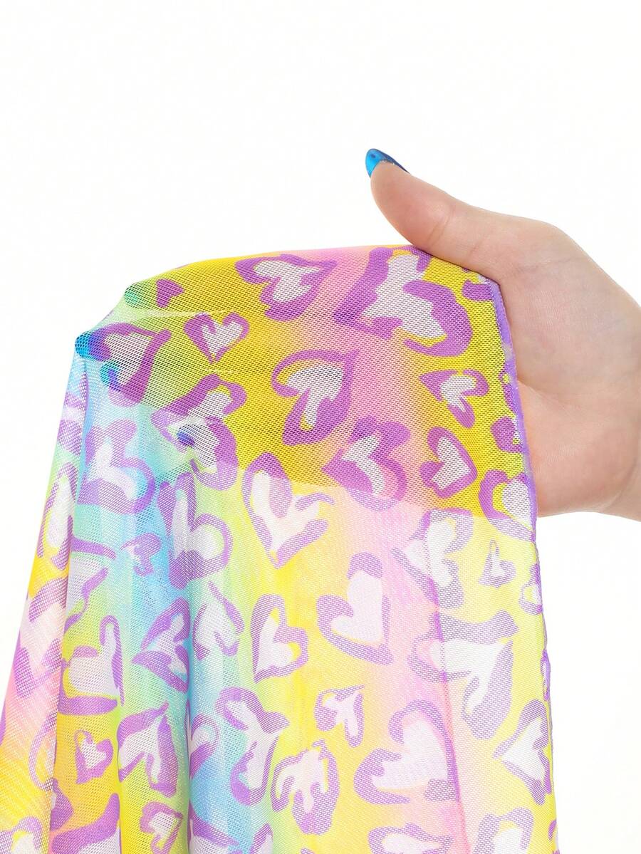 Multicolor heart print long cover up dress for tween girls featuring a V-neck criss-cross wrap front and short sleeves.