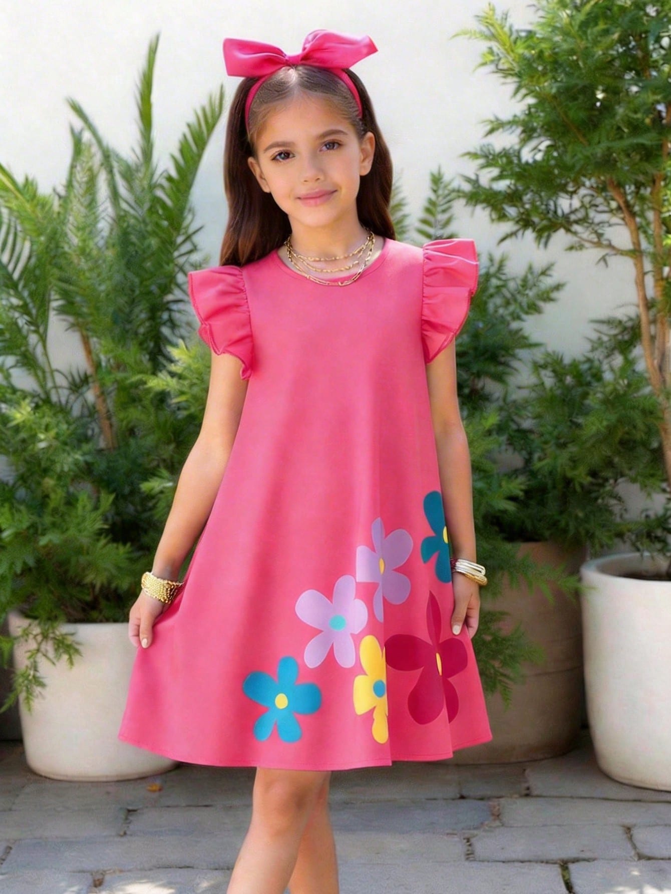 Tween girls sleeveless tropical floral mini dress in black with round neck and ruffle hem detail