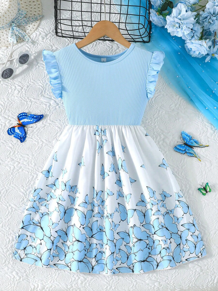 Tween girls blue floral print A-line midi dress featuring round neck, ruffle and contrast mesh details, high waist, and flared hem.