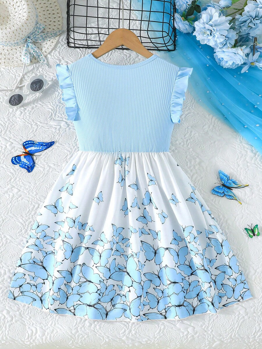 Tween girls blue floral print A-line midi dress featuring round neck, ruffle and contrast mesh details, high waist, and flared hem.