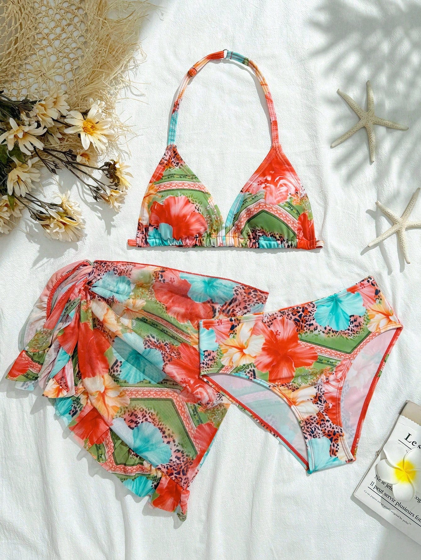 Tween Girl Summer Green Boho Tropical Beach Holiday Contrast Color Halter Neck Tankini Swimwear Set With Cover Up Sarong Skirt Modest Bikini 3pcs Set