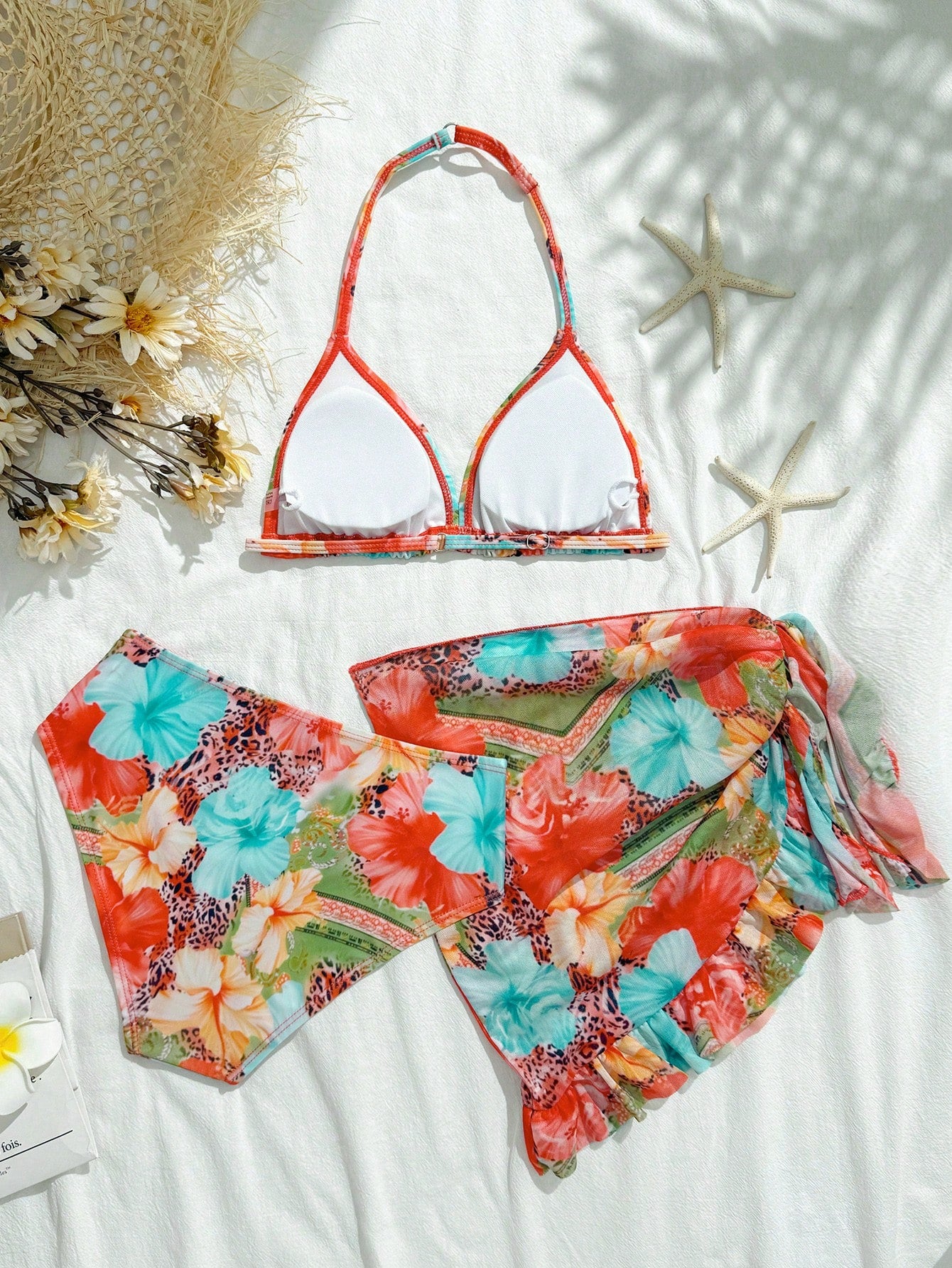 Tween Girl Summer Green Boho Tropical Beach Holiday Contrast Color Halter Neck Tankini Swimwear Set With Cover Up Sarong Skirt Modest Bikini 3pcs Set