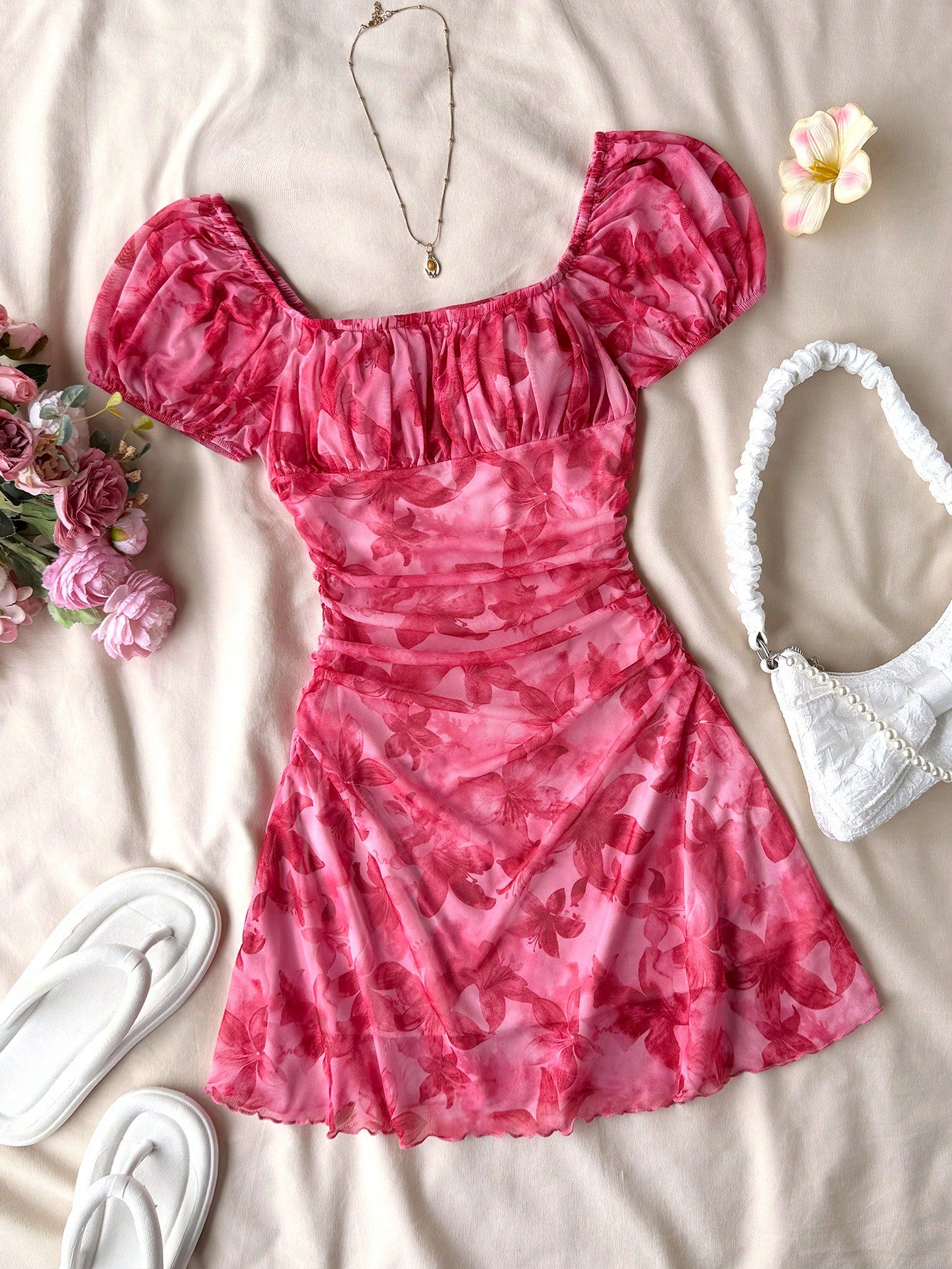 Teen girls red floral print A-line party dress featuring short puff sleeves, square neckline, ruched bust, and contrast lace details.