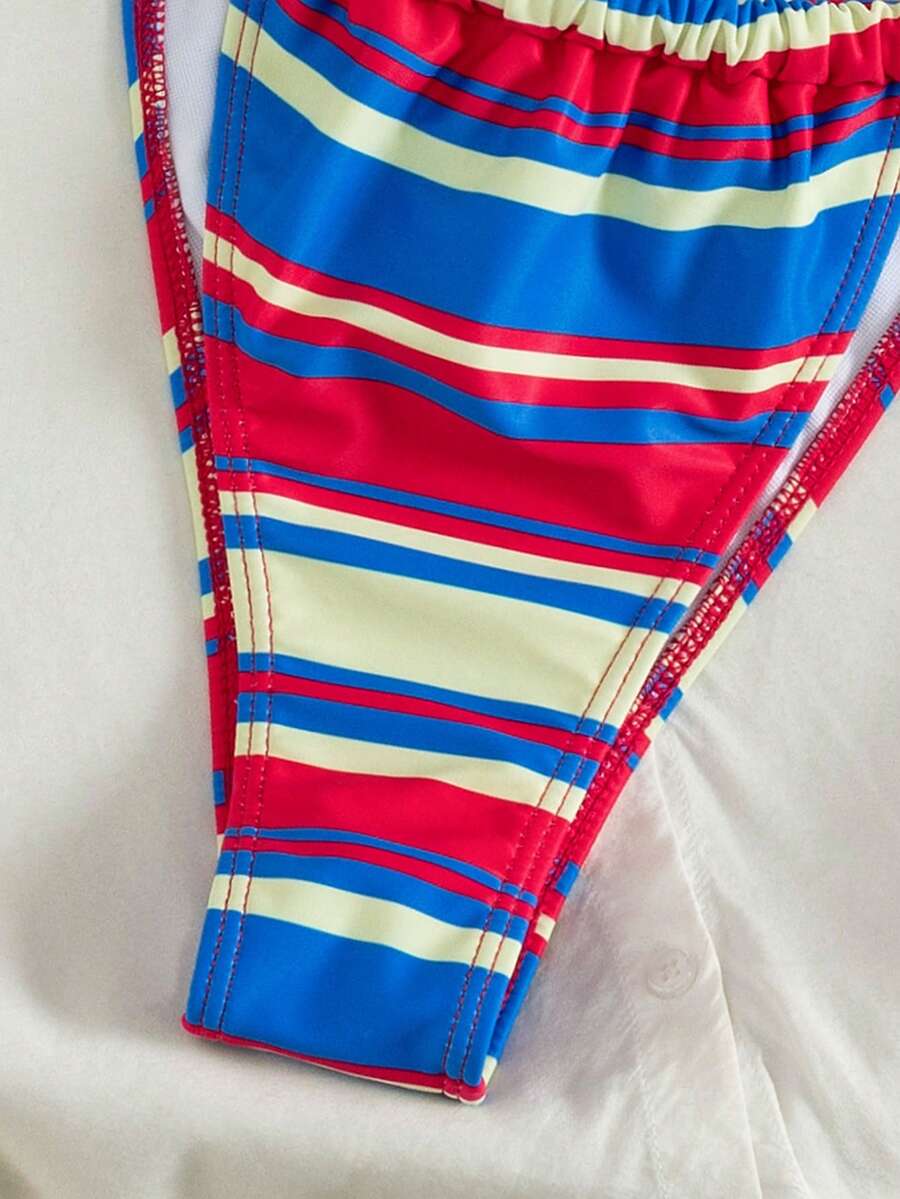 Women's striped halter two-piece swimsuit featuring a lace-up triangle top with removable padding and high-cut low-waist bikini bottoms.