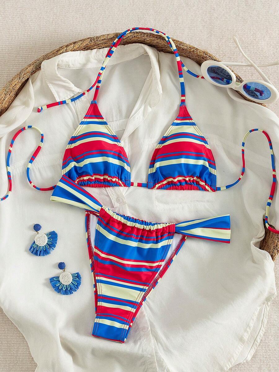 Women's striped halter two-piece swimsuit featuring a lace-up triangle top with removable padding and high-cut low-waist bikini bottoms.