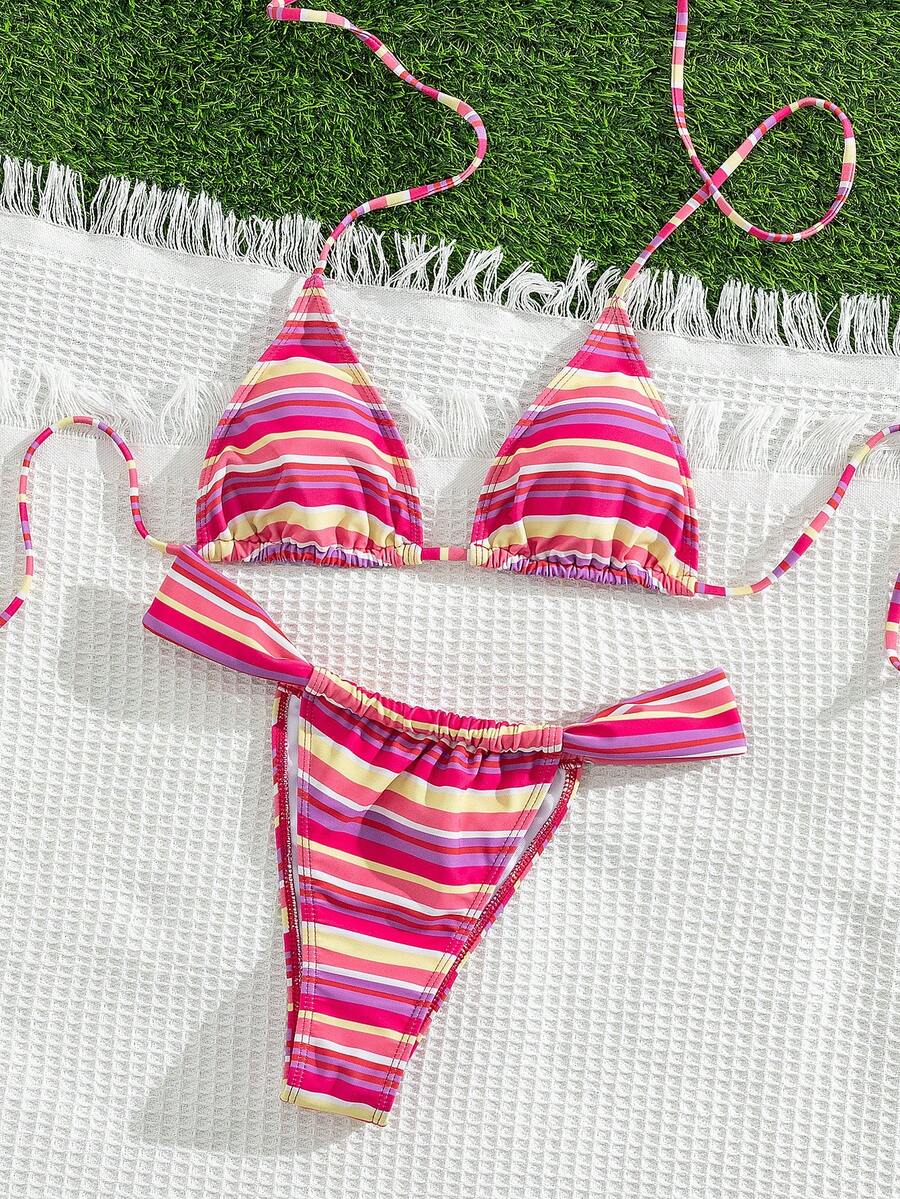 Women's striped halter two-piece swimsuit featuring a lace-up triangle top with removable padding and high-cut low-waist bikini bottoms.