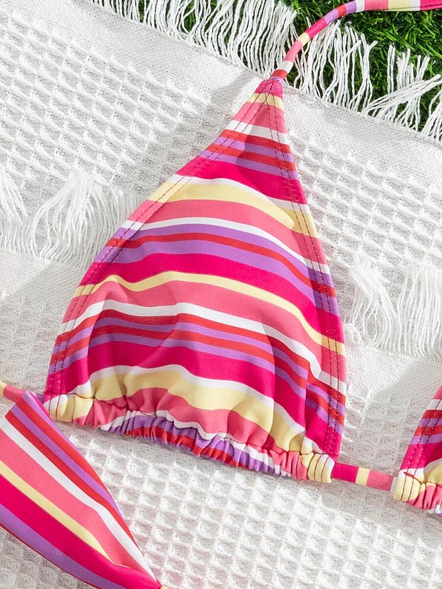 Women's striped halter two-piece swimsuit featuring a lace-up triangle top with removable padding and high-cut low-waist bikini bottoms.