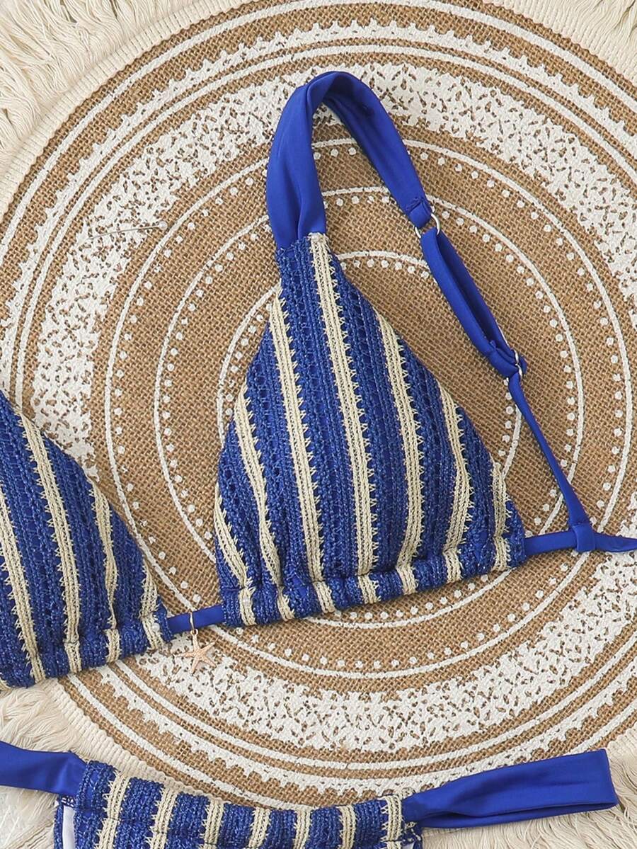 Women's 2-piece triangle cup bikini set in solid color featuring woven pearl shell decoration, halter neckline, and high-waist side-tie ruched bottoms.