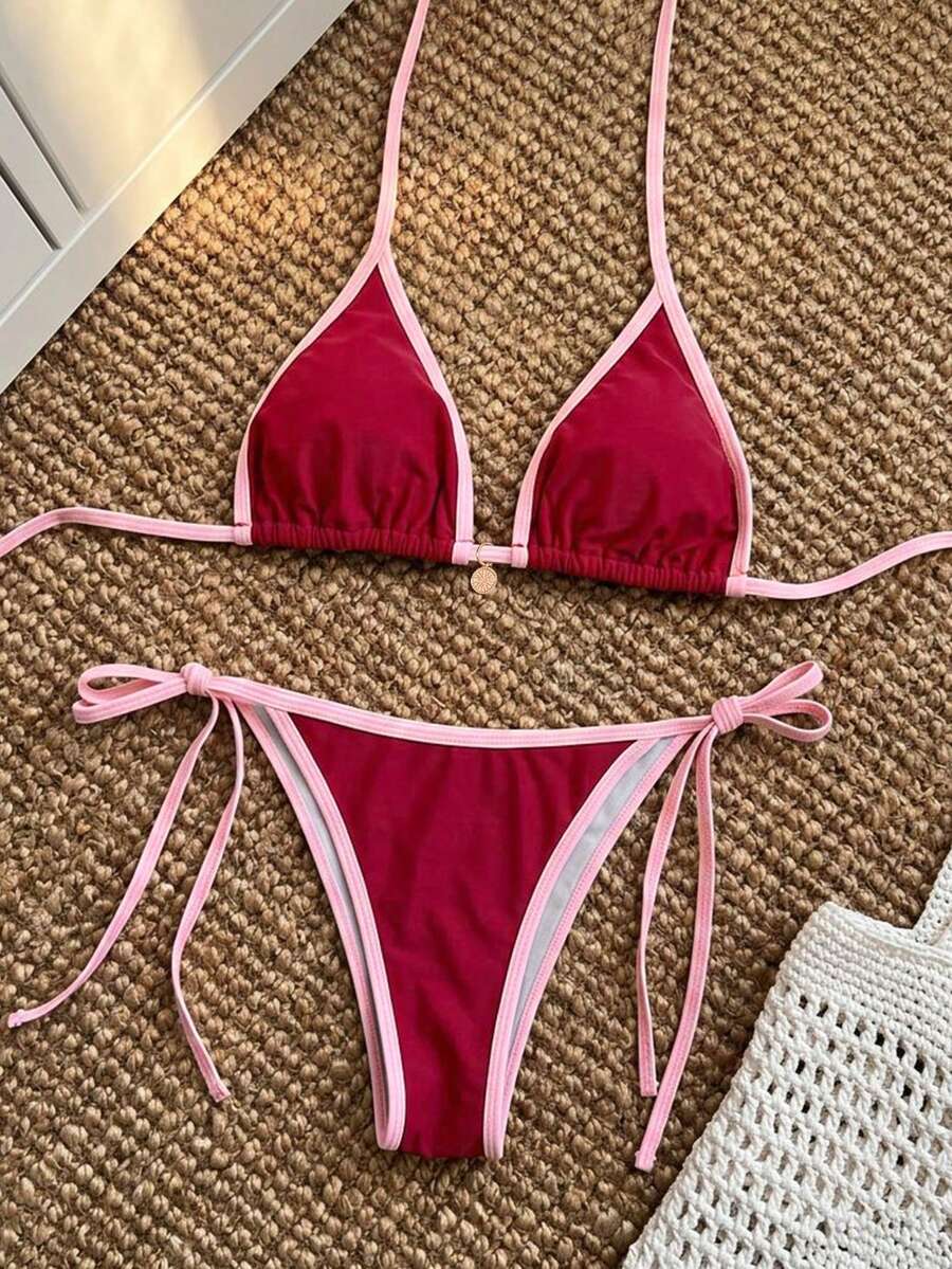 Women's high waist 2-piece triangle bikini set featuring colorblock trim, halter neckline, wireless bra with removable padding, and tie-side bottoms.