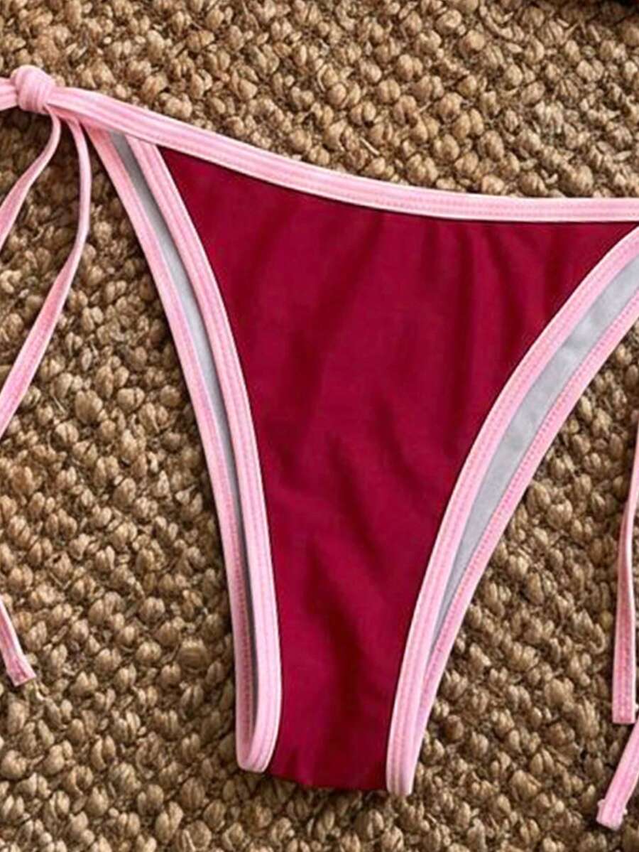 Women's high waist 2-piece triangle bikini set featuring colorblock trim, halter neckline, wireless bra with removable padding, and tie-side bottoms.