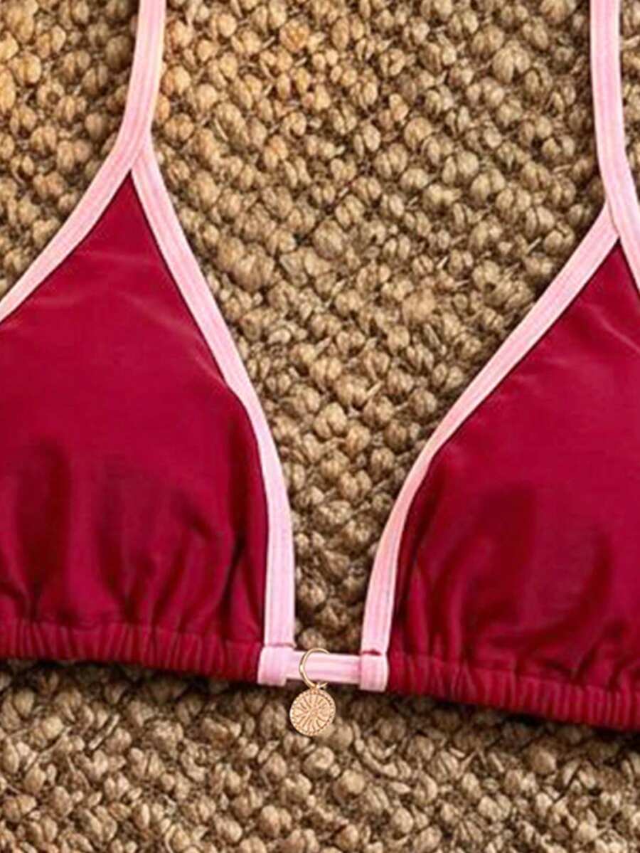 Women's high waist 2-piece triangle bikini set featuring colorblock trim, halter neckline, wireless bra with removable padding, and tie-side bottoms.