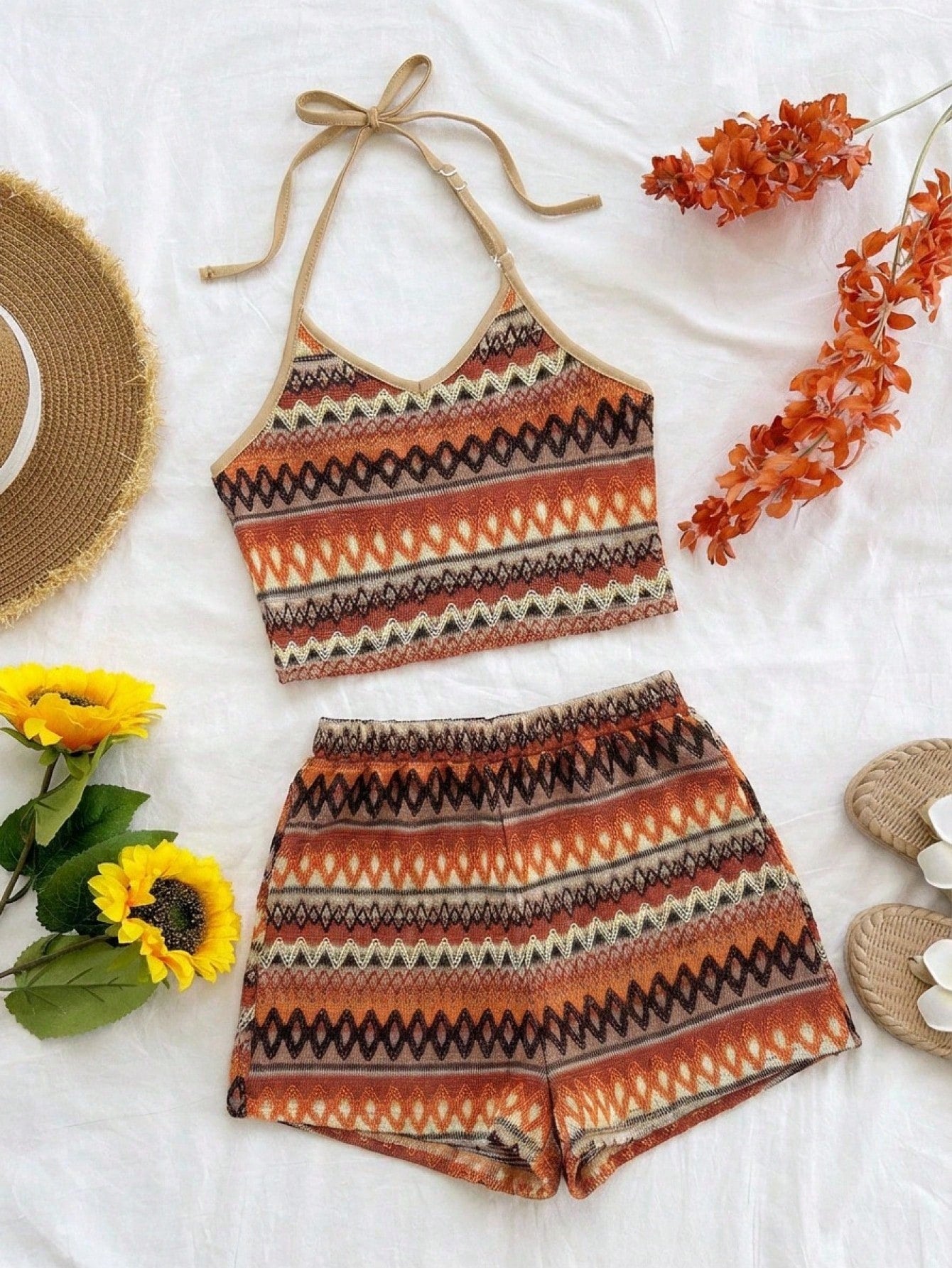 Tween girls apricot knitted texture halter top and elastic waistband shorts set.