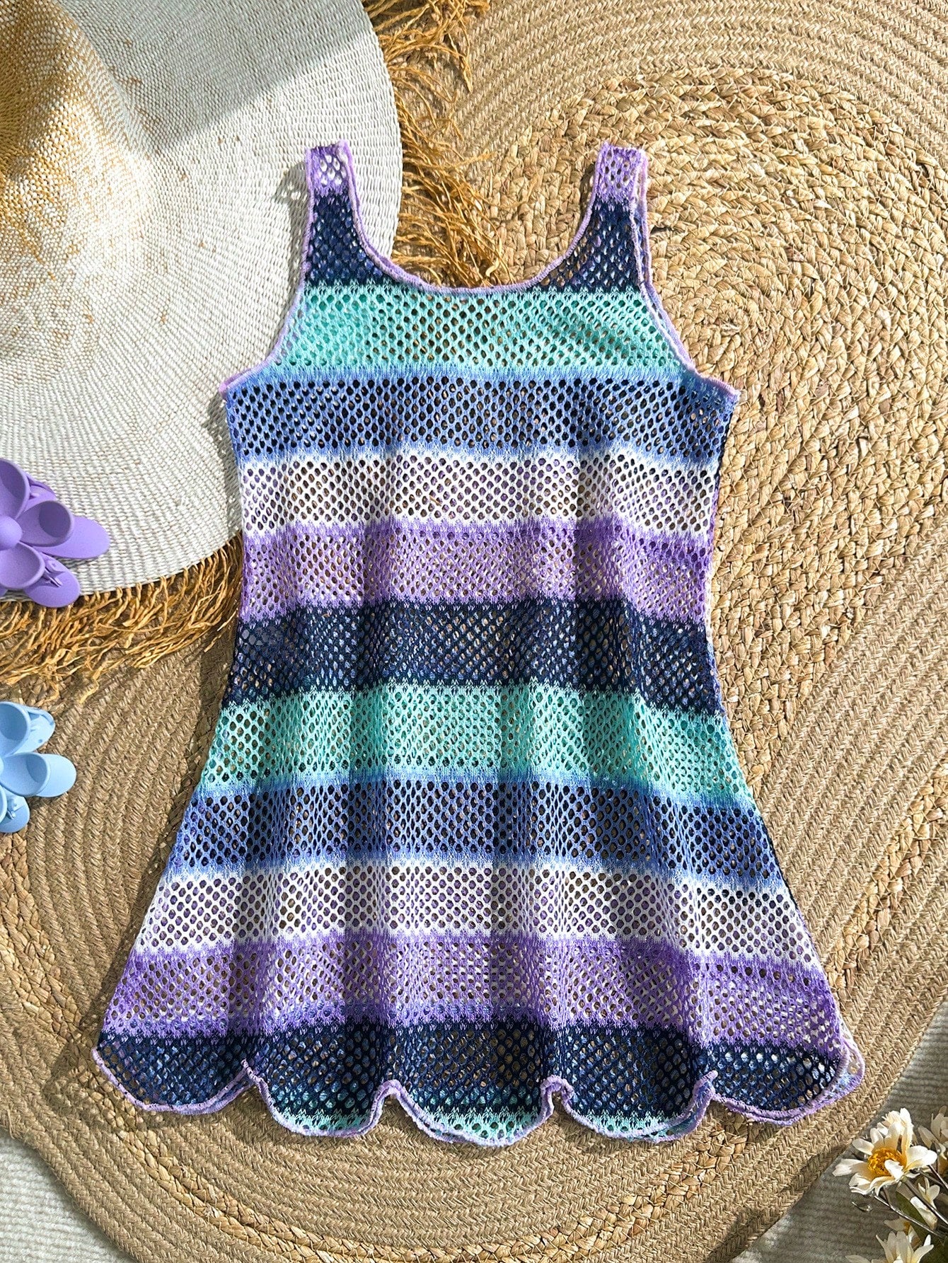 Multicolor hollow out geometric sleeveless swimwear cover-up for girls featuring scoop neck design.