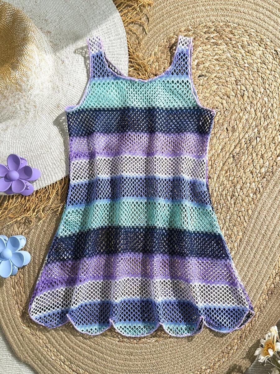 Multicolor hollow out geometric sleeveless swimwear cover-up for girls featuring scoop neck design.