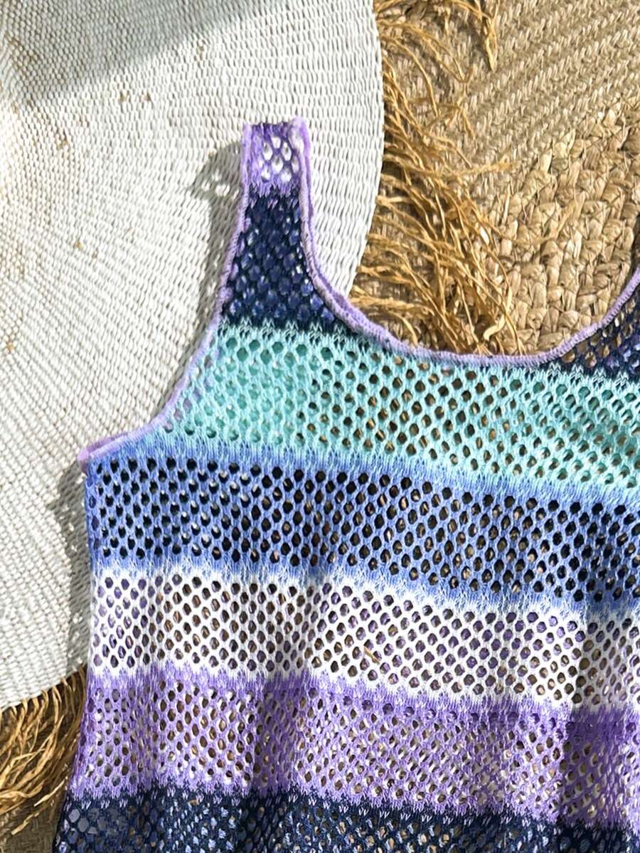 Multicolor hollow out geometric sleeveless swimwear cover-up for girls featuring scoop neck design.