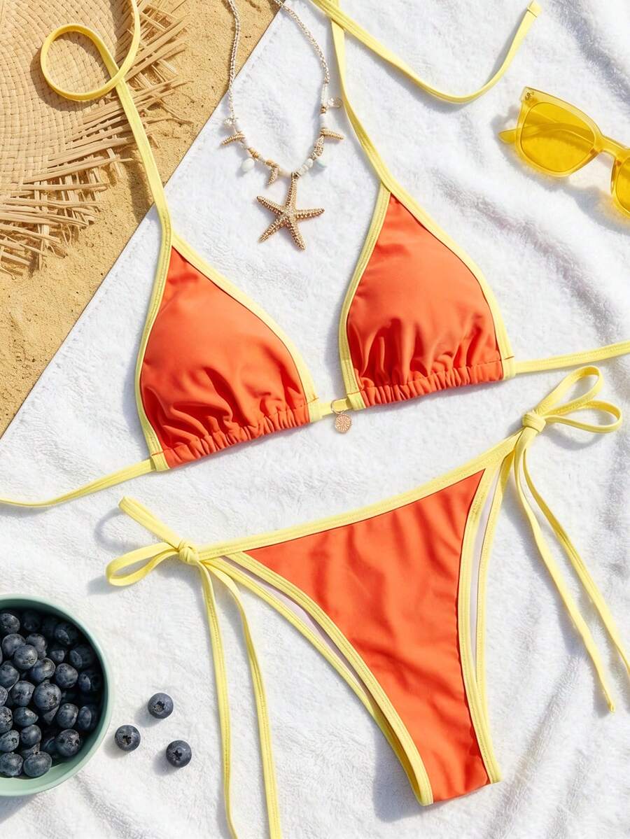 Women's high waist 2-piece triangle bikini set featuring colorblock trim, halter neckline, wireless bra with removable padding, and tie-side bottoms.