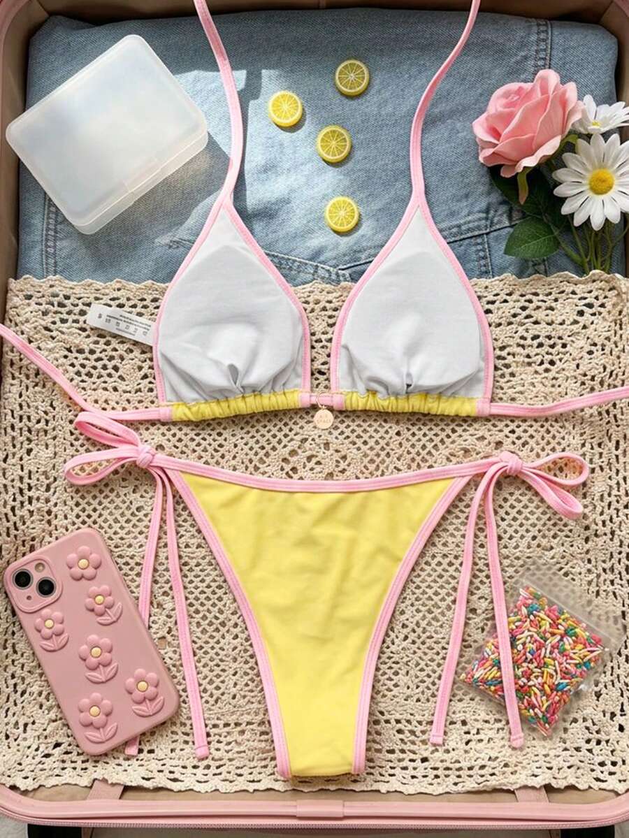 Women's high waist 2-piece triangle bikini set featuring colorblock trim, halter neckline, wireless bra with removable padding, and tie-side bottoms.