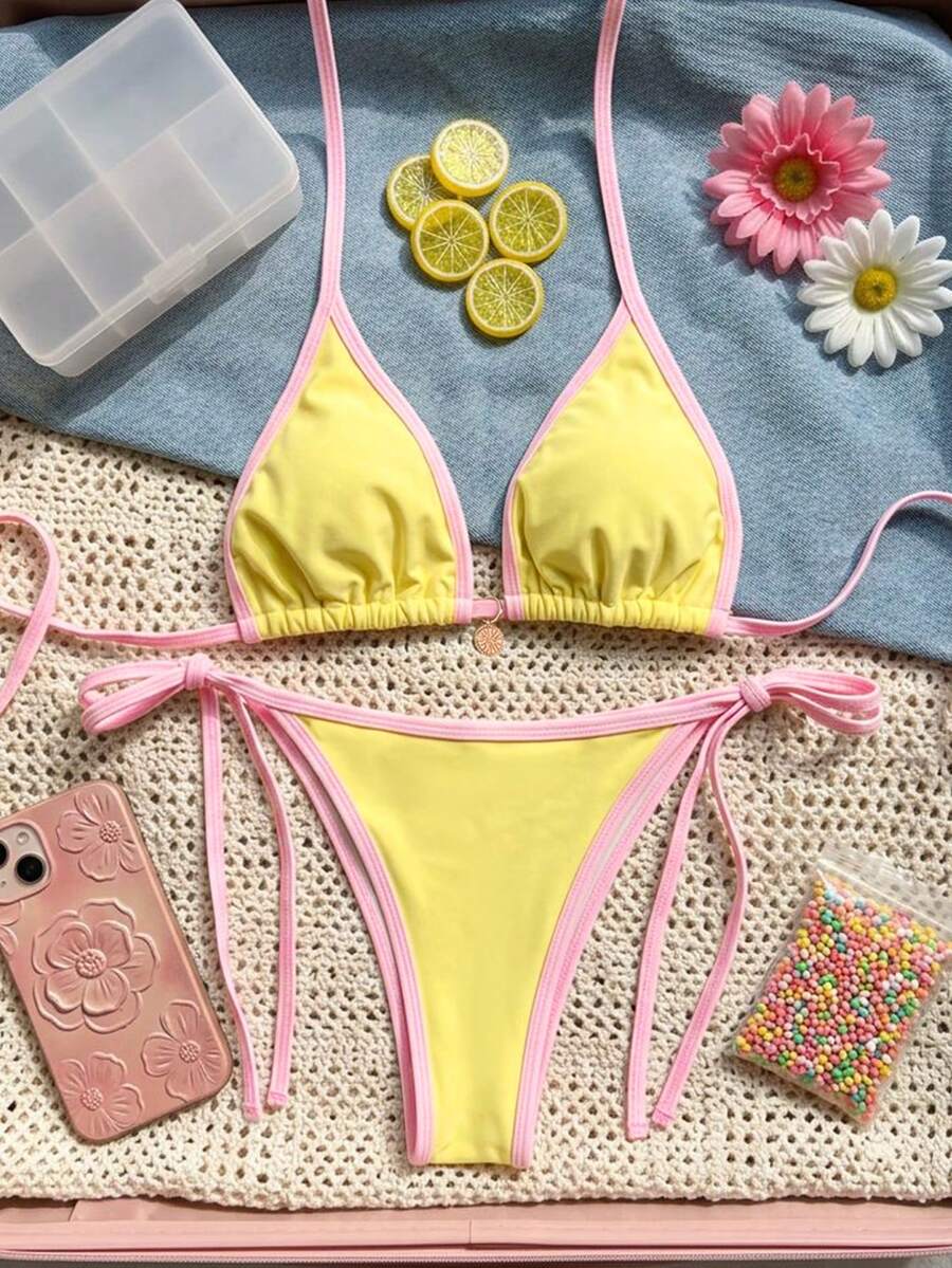 Women's high waist 2-piece triangle bikini set featuring colorblock trim, halter neckline, wireless bra with removable padding, and tie-side bottoms.