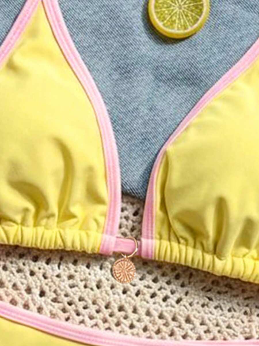 Women's high waist 2-piece triangle bikini set featuring colorblock trim, halter neckline, wireless bra with removable padding, and tie-side bottoms.