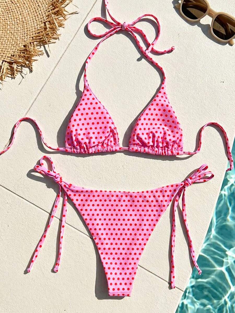 Women's high waist 2-piece triangle bikini set featuring colorblock trim, halter neckline, wireless bra with removable padding, and tie-side bottoms.