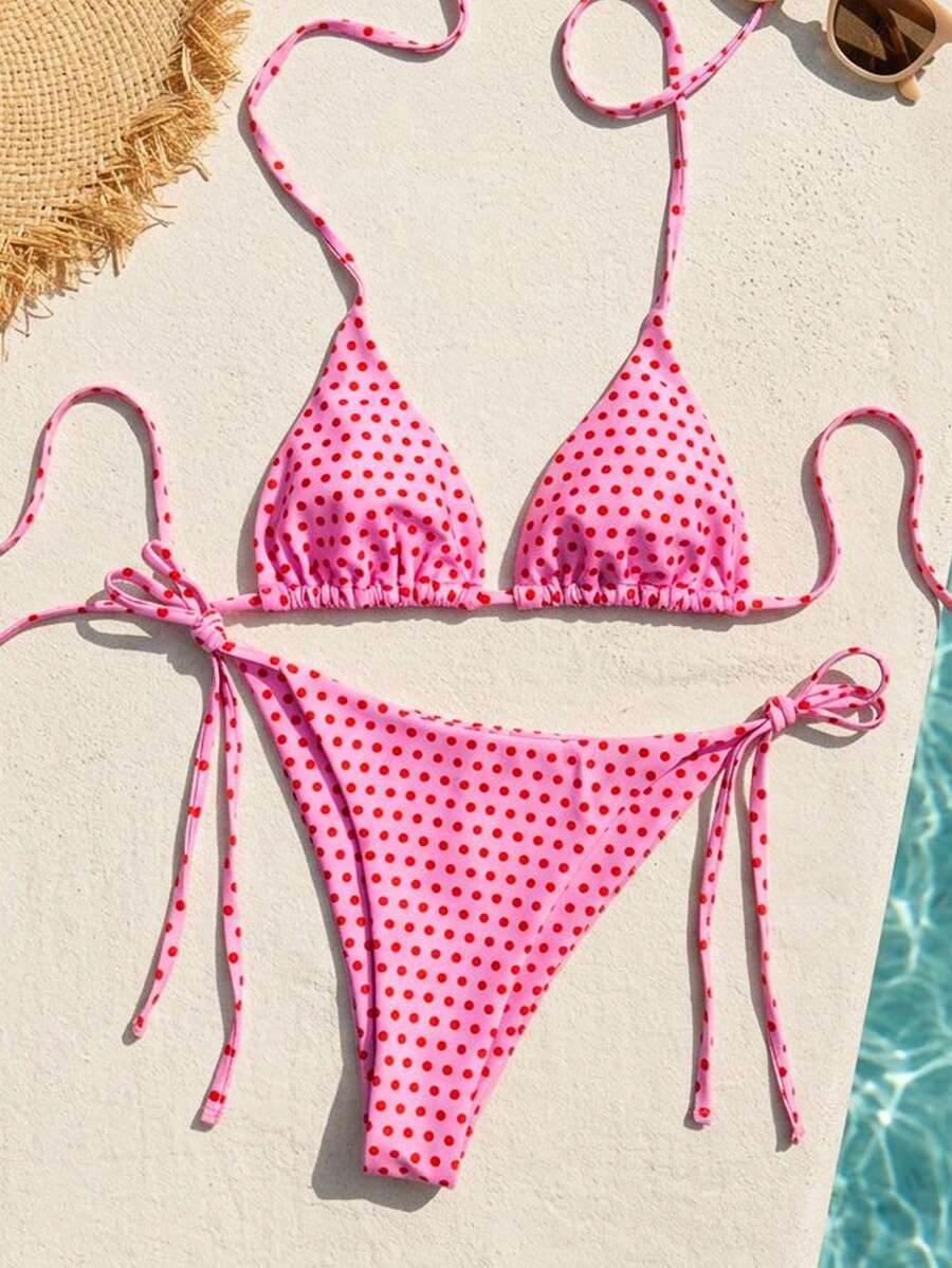 Women's high waist 2-piece triangle bikini set featuring colorblock trim, halter neckline, wireless bra with removable padding, and tie-side bottoms.
