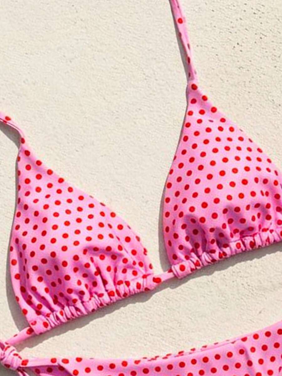 Women's high waist 2-piece triangle bikini set featuring colorblock trim, halter neckline, wireless bra with removable padding, and tie-side bottoms.