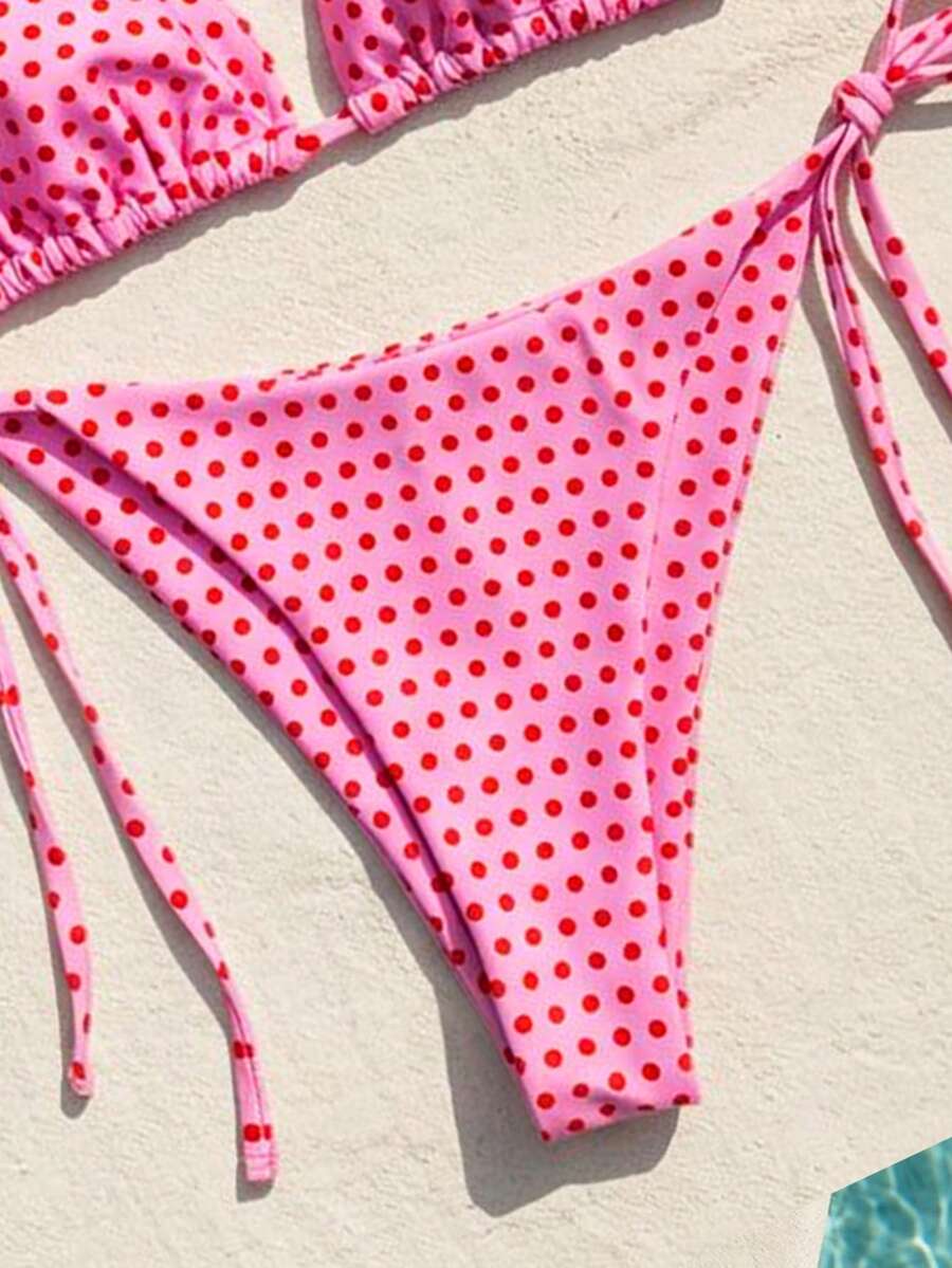 Women's high waist 2-piece triangle bikini set featuring colorblock trim, halter neckline, wireless bra with removable padding, and tie-side bottoms.