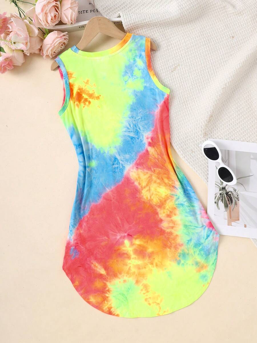 Tween girls sleeveless tie-dye tank dress with round neck, loose fit, short length, and asymmetrical hem in a casual streetwear style