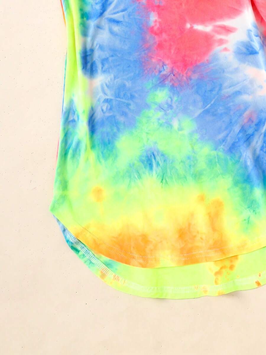 Tween girls sleeveless tie-dye tank dress with round neck, loose fit, short length, and asymmetrical hem in a casual streetwear style